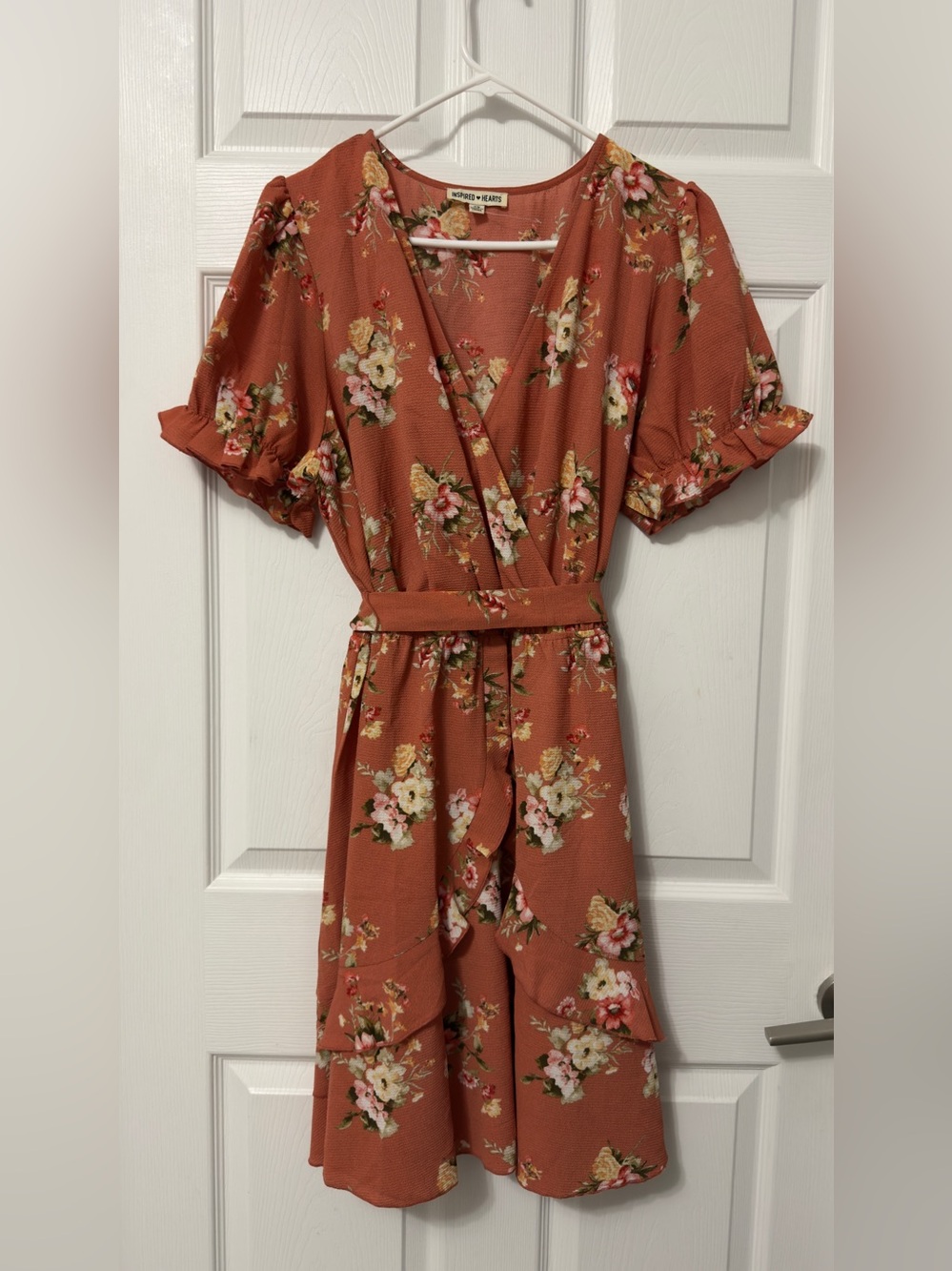 Inspired Hearts Floral Tie-Waist Dress in Rust and Cream